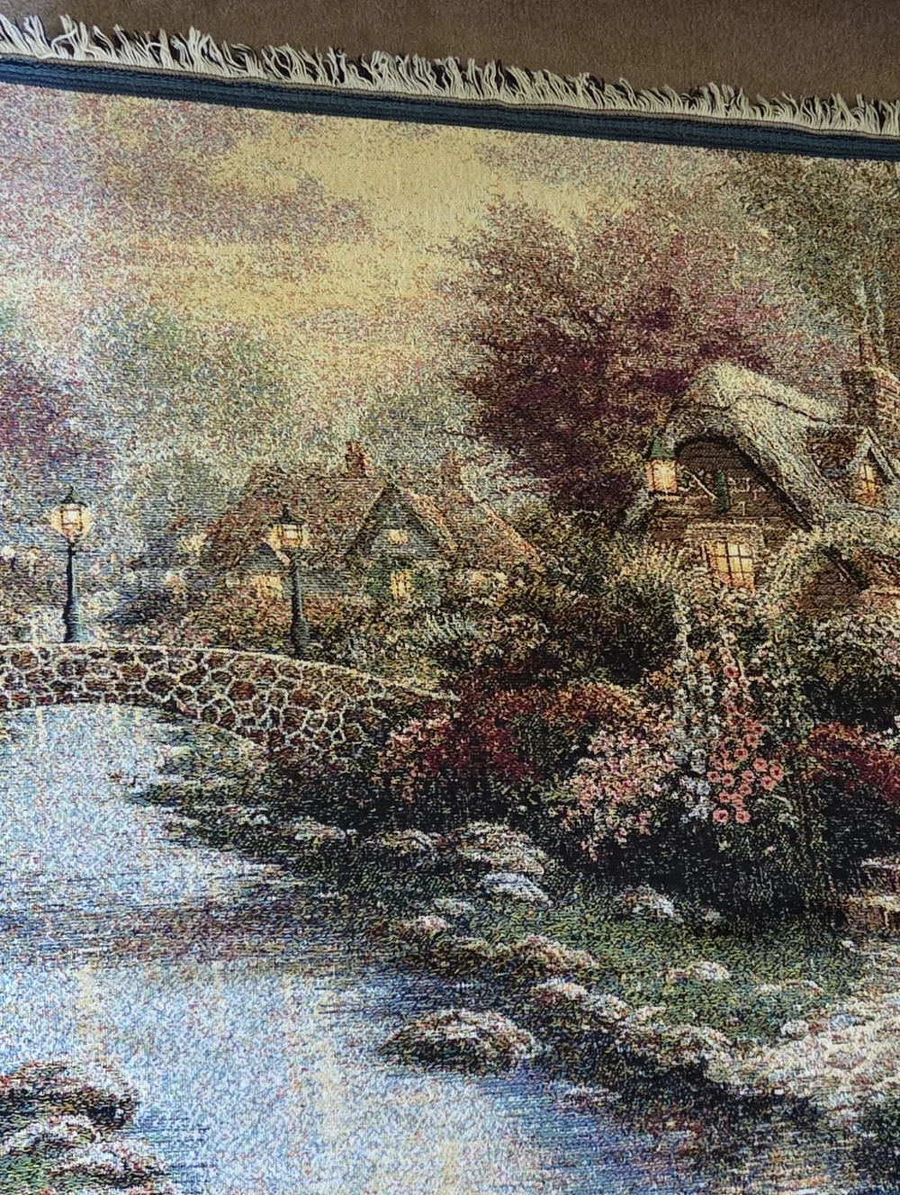 Thomas Kinkade Lamplight Bridge Tapestry Throw Blanket 42 x 62 USA Art Painting